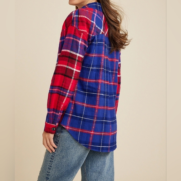 Simons Icone Plaid Boyfriend Long Sleeve Button Up Shirt Blue Red sz M - Picture 3 of 10